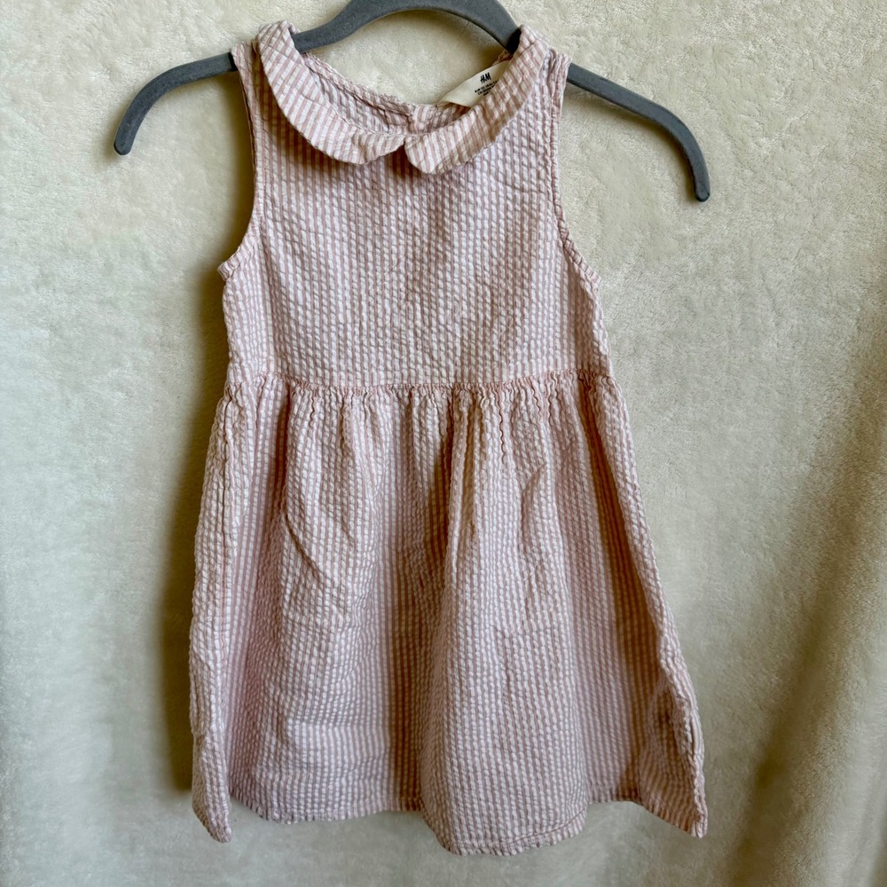 H&M Girls Pink White Seersucker Sleeveless Dress‎ Peter Pan Collar Sz 6x